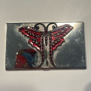 Silver Card Holder with Red Butterfly Design